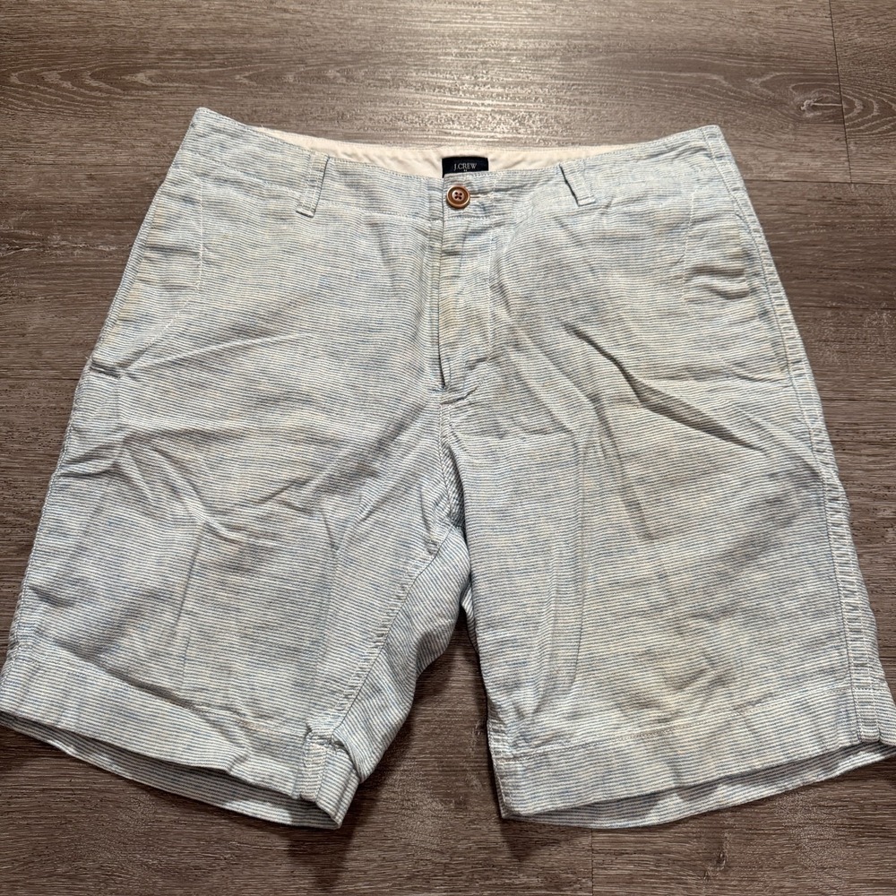 J Crew Shorts Mens 33 Blue White Stripe Linen Blend Preppy Old Money 9" Adult